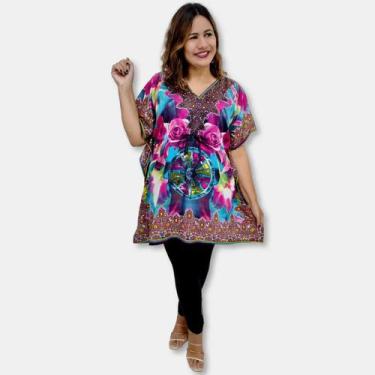 Imagem de Bata Kaftan Indiana Saída de Praia Estampa Rosas e Mandalas - Sarat Mo