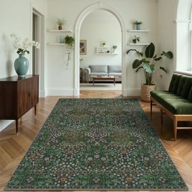 Imagem de KIRFEIHT Boho Tapetes de área de 10 x 15 cm, lavável à máquina, antiderrapante, tapete para sala de estar, com revestimento de borracha macia, de lã sintética, clássico, vintage, floral, sem queda