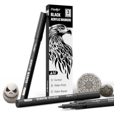 Imagem de JusArt Pacote com 3 marcadores de tinta acrílica preta, canetas de tinta acrílica de ponta fina de 0,7 mm para pintura rupestre, projetos de arte, cerâmica, vidro, madeira, metal, tecido, artesanato
