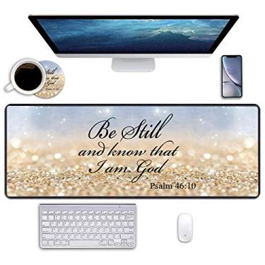 Imagem de Mousepad pad para jogos com porta-copos, 80 cm × 28 cm, grande, 2GG, base de borracha antiderrapante, mouse pad com bordas costuradas para trabalho e jogos, escritório e casa (Rainbow Glitter Verses Bíblia Salmo 46:10)