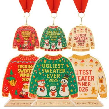 Imagem de Cunno 6 medalhas de suéter feio de Natal 2025 e medalhas de concurso de troféu de Natal feio com fita de pescoço de madeira engraçado troféu prêmios de jogo para decorações de festa de Natal, enfeite