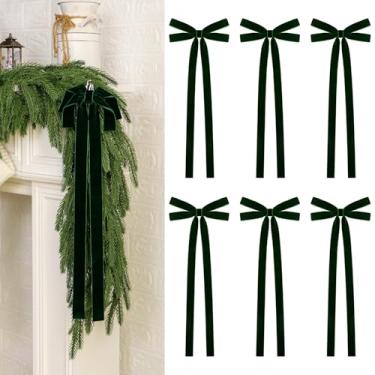 Imagem de Conjunto de 6 laços de veludo de Natal rústicos pré-fabricados com coroa de flores com cauda longa, ornamentos de Natal vintage para topo de árvore, guirlanda, lareira, escadas, decoração de porta, 20