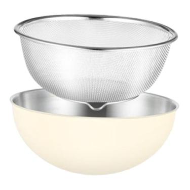 Imagem de Fenteer Peneira de malha fina para lavar arroz, peneira de aço inoxidável microporosa com tigela para misturar arroz, frutas e massas, Branco