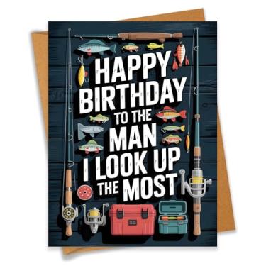 Imagem de PEONYNFOX Cartão de aniversário Happy Birthday To The Man I Look Up The Most Fishing Lover para pai avô marido - Tamanho 16 x 12 cm em branco por dentro com envelope Kraft