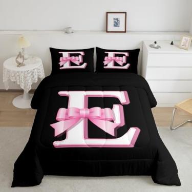 Imagem de jejeloiu Conjunto de edredom infantil com laço preto e rosa, tamanho casal, monograma, ultramacio, com inicial E, moderno, moderno, conjunto de edredom para decoração de quarto