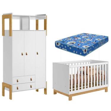 Imagem de Berço Americano 4315 Mini Cama Q Encanto Slim e Guarda Roupa Fantasia 4375 Branco Acetinado com Colchão Tend Tudo – Qmovi