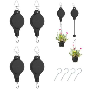 Imagem de PATIKIL Polia retrátil para plantas, 4 peças de cabide de plantas resistentes, gancho de cesta de flores com gancho triangular para cestas de jardim, vasos e alimentador de pássaros, preto