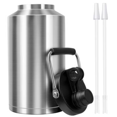 Imagem de GAGANIU Garrafa de água isolada com canudo, jarro de 1 galão com alça, garrafa de água grande de aço inoxidável de 3,6 ml, boca larga, vácuo duplo para bebidas quentes e frias (aço inoxidável)