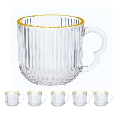 Imagem de Conjunto de 6 Xícaras de Vidro Caneladas, 180ml, Borda Dourada, com Alça