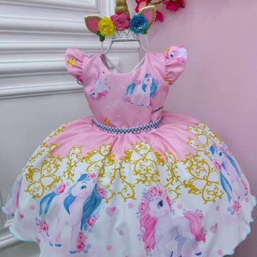 Imagem de Vestido Infantil Unicórnio Rosa Com Cinto de Pérolas Festas (0879RD) -