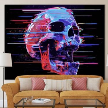 Imagem de BlissYard Tapeçaria Cyberpunk Crânio Luz Negra UV Reativo Neon Glitch Effect Caveira Pendurada na Parede Esqueleto Psicadélico 198 x 159 cm Arte para Quarto Sala de Estar Festa Decoração