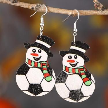 Imagem de Brincos de Natal para mulheres, boneco de neve, design de futebol, brincos pendentes de gota, roupas de Natal, acessórios de bijuteria, 2inch, Madeira, Sem pedra preciosa