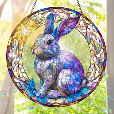 Imagem de Acrílico colorido Suncatcher, pingente de pendurar apanhador de sol estilo vitral de coelho, decoração de arte de parede de arco-íris com corrente, refrator de janelas de luz do sol, ornamento interno