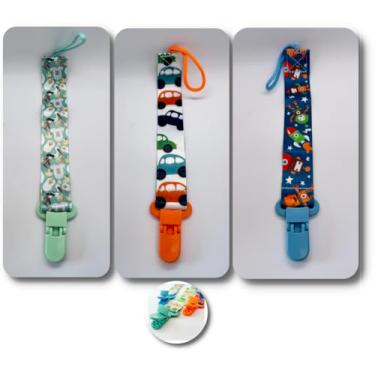 Imagem de Prendedor de Chupeta com Clip para Bebês, Kit 3 Unidades, Tecido e Plástico, Design Colorido com Estampas Divertidas, Seguro e Higiênico, 0-5 Anos (Menino)