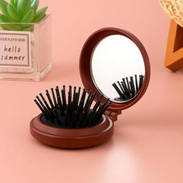 Imagem de Escova de cabelo dobrável portátil com espelho, escova de massagem desembaraçante para mulheres e meninas, design de almofada de ar macia para cuidados e estilo do couro cabeludo, marrom