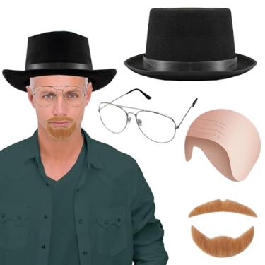 Imagem de WATCPNO 4 peças de acessórios masculinos estilo caubói ocidental com chapéu preto, couro cabeludo falso, barba marrom e óculos para RPG de Halloween