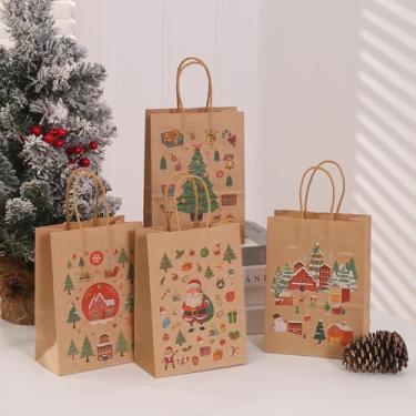 Imagem de Pacote com 8 sacos de papel kraft para presente de Natal, 21 x 15 x 8 cm com alças, adequado para sacolas de presente de férias, reutilizáveis