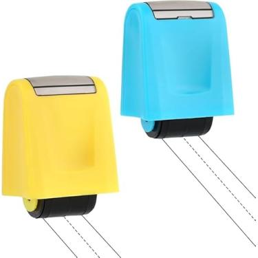Imagem de 2 carimbos de rolo tracejados com linhas de escrita à mão, selos de professores para estudantes, sala de aula, escritório, casa, prática de caligrafia (amarelo, azul)