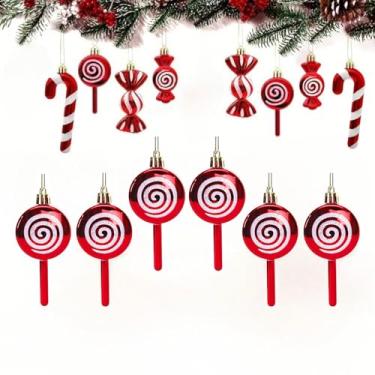 Imagem de Conjunto de enfeites de doces de Natal, 6 peças de decorações de plástico de bengala e pirulito de menta com corda para pendurar, enfeites de Natal para árvore de Natal, decoração de festa em casa