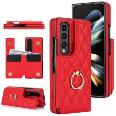 Imagem de Capa de couro para celular Samsung Galaxy Z Fold 3, 4, 5, 6, 7, com suporte de anel de metal e suporte rígido, vermelha, para Galaxy Z Fold 6
