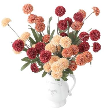 Imagem de Floroom 9 peças de flores artificiais para mães de seda sintética vermelho escuro e laranja queimado, mini crisântemos falsos a granel com hastes para centros de mesa de casamento, arranjos florais