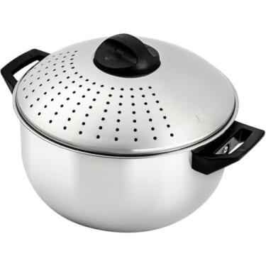 Imagem de Panela De Aço Inoxidável De 4,8 Quartos Com Tampa De Coador Recurso De Travamento Para Cozinhar Macarrão Vegetariano Ou Molho