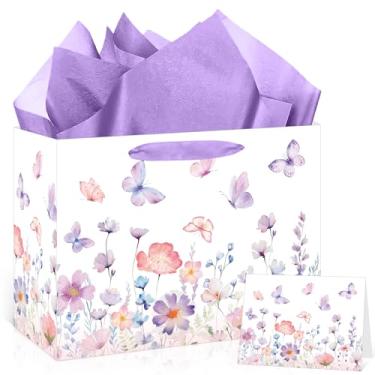 Imagem de Bolsa de presente de borboleta roxa para mulheres, meninas, roxo, floral, lembrancinhas de festa de aniversário com papel de embrulho e cartão comemorativo para aniversário, casamento, chá de festa