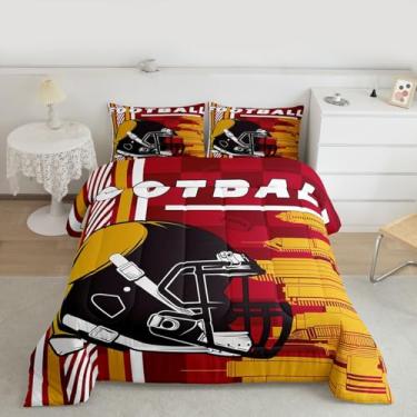 Imagem de Feelyou Jogo de cama casal com 2 fronhas, jogo de futebol americano, cidade, futebol, esportivo, conjunto de edredom com 2 fronhas, capacete de rúgbi, decoração de quarto de adolescentes, amarelo e