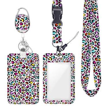 Imagem de Cordão de crachá colorido arco-íris neon leopardo para crachá para crachás de identificação, protetor de trabalho, clipes de mosquetão retráteis, cordão de chave resistente, feminino, enfermeira