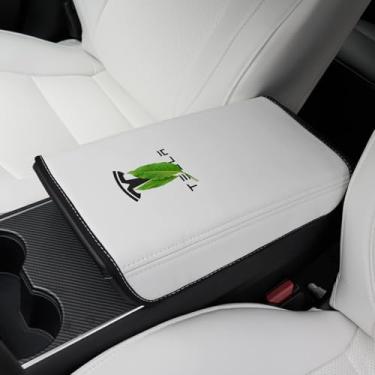 Imagem de Getnoog Capa de console central para Tesla Model Y Model 3, capa de apoio de braço antiderrapante para acessórios Tesla Model 3 Y, protetor de almofada de caixa de apoio de braço de couro PU (branco)