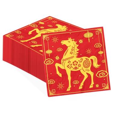 Imagem de 100 guardanapos de papel para coquetel de ano novo chinês, 3 camadas de toalhas de mão absorventes descartáveis de cavalo de ouro vermelho, guardanapos de convidados de cavalo para feliz ano novo