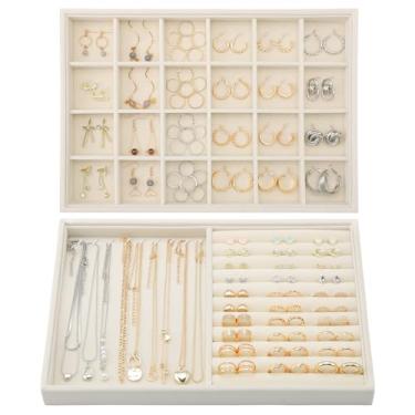 Imagem de Ewen Pacote com 2 bandejas empilháveis para exibição e armazenamento de joias, 35 x 24 x 3 cm, inserções de gavetas organizadoras de joias de veludo, estojo grande para colar com bandeja de 24 grades