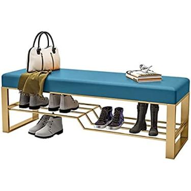 Imagem de Banqueta estofada para sapatos de entrada, armário de sapatos de luxo com prateleiras de metal, sapateira de 2 níveis para sala de estar, almofadas de couro, azul, 100 x 35 x 45 cm (39 x 14 x 18