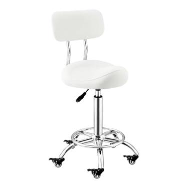 Imagem de LULUMAIC Banqueta de selim de 50 a 70 cm, cadeira giratória de altura ajustável com roda de bloqueio, apoio para os pés e encosto de rodinhas