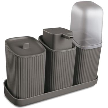 Imagem de Kit 3 Acessórios para Banheiro com Bandeja – Dispenser Sabonete Líquido 400ml, Porta Algodão e Porta Escovas | Organização e Decoração Moderna(Cinza Escuro)