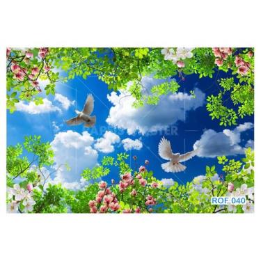 Imagem de Papel De Teto Céu Azul Nuvens Flores Pombas 3,5M Rof40 - Você Decora