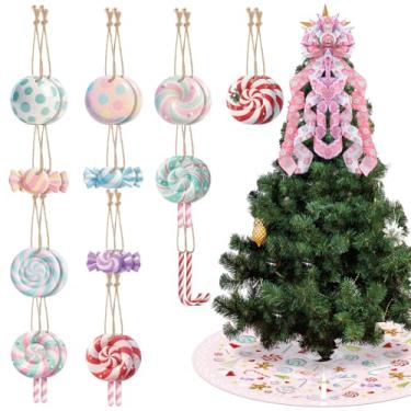 Imagem de Arrowbash O conjunto de decoração de Natal pastel Candyland inclui arco de guirlanda de árvore rosa, 24 peças de enfeites de Natal coloridos de bengala doce, saia rosa de Papai Noel de 76 cm para