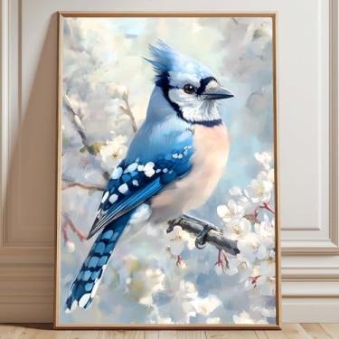 Imagem de Pôster de arte de parede de pássaros natureza morta vintage impressões de pássaros arte de parede azul retrô estampa de pássaros neutros imagens vintage para quarto sala de estar azul arte de animais