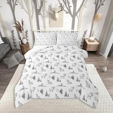 Imagem de Erosebridal Conjunto de edredom Queen com tema de caça de urso, veado, lobo e animais da floresta, para crianças, decoração de cabana rústica, casa de fazenda, montanha, preto e branco