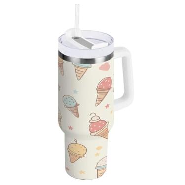 Imagem de Blueangle Copo isolado de 850 g com alça e tampa de canudo - Caneca de viagem de aço inoxidável à prova de vazamento, garrafa de água com padrão de sorvete a vácuo de parede dupla (594)