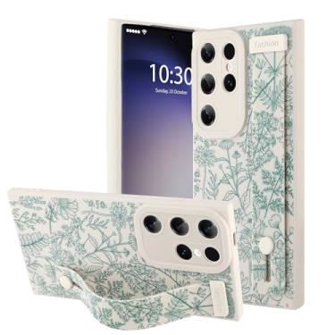 Imagem de OOK Capa de telefone compatível com Samsung Galaxy S23 Ultra Silicone com alça, linda estampa floral floral para mulheres e meninas, alça de dedo ajustável, capa protetora fina, flor de sálvia branca