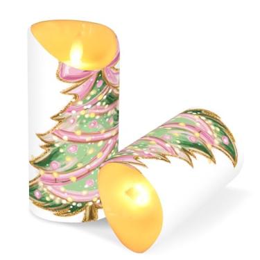 Imagem de Blueangle Pacote com 2 velas de árvore de Natal rosa sem chama com controle remoto e temporizador, velas LED cintilantes (7,6 cm x 15 cm) para decoração de casa, casamento, acampamento (837)