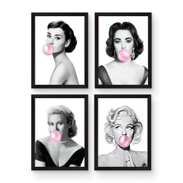 Imagem de kit 4 quadros decorativos pop art moldura preta retratos vintage chiclete rosa 30x40 cm arte parede moderna conjunto decoracao sala quarto estilo retro impressão em tela cores vibrantes
