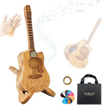Imagem de Suporte de palheta de madeira, estojo de palheta de guitarra acústica, caixa de palheta de guitarra com suporte/palhetas de guitarra, decoração de chaveiros, acessórios de guitarra em forma de