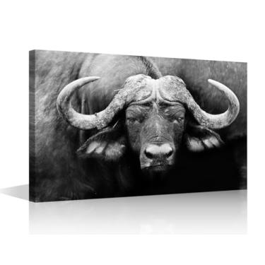 Imagem de Arte de parede de búfalo de capa africana para sala de estar animais decoração de parede pintura de parede emoldurada em tela preta e branca impressão de casa para quarto, arte de parede de escritório