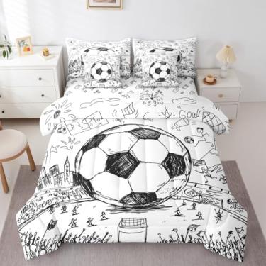 Imagem de Erosebridal Conjunto de edredom King de futebol com 7 peças, estilo preto e branco, para meninos, com estampa de campo de futebol e adolescentes, estilo preto e branco