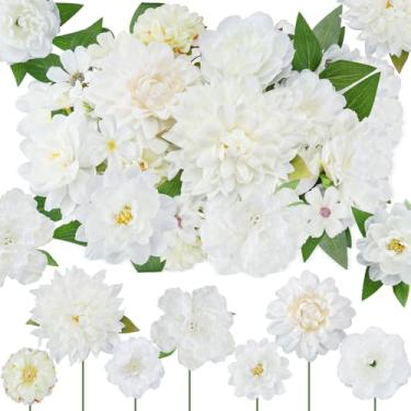 Imagem de Janinka 100 cabeças de flores falsas sortidas com haste longa, mini flor artificial a granel, margarida sintética de seda para artesanato, rosa peônia falsa para decoração de casa (branca)
