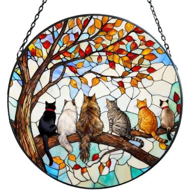 Imagem de Captador de sol para pendurar vitrais – 6 gatos em um galho, presentes para amantes de gatos para mulheres e homens, mãe, decoração de casa para porta de janela, aniversário de Natal, 20 x 20 cm