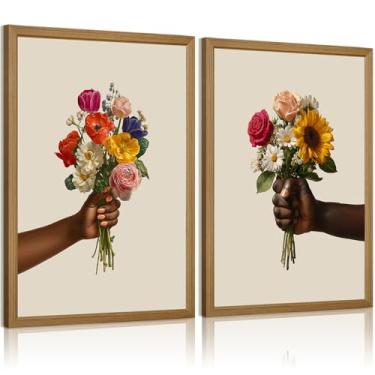 Imagem de Arte de parede de flor de casal preto mulher afro-americana decoração de parede homem negro pessoas estampas florais homens africanos mulheres fotos pintura de casal para quarto sala de estar 40,6 x