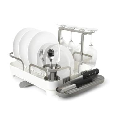 Imagem de Easy Kitchen Escorredor de Louças Branco, Plástico Reciclado, 42x34x15cm, Suporte para 15 Pratos, Porta-Talheres e Taças, Bandeja Lateral Multifuncional